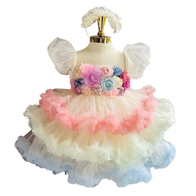 High Quality 3D Flower Dress for Baby Girls 3-Tier Princess Style Best Seller for Autumn Parties Made Viet Nam OEM ODM Children