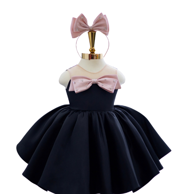 High Quality Black Taffa Princess Dress Kids Small Size OEM ODM Baby Girl Party Dress Nhung Nguyen 12 Year Olds Autumn Made